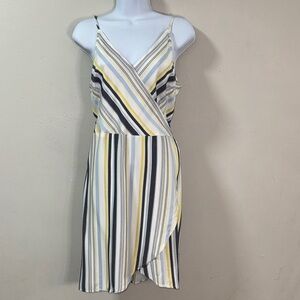 LOFT Striped Yellow blue & Black Mini crossover wrap thin strap dress 6P 6179